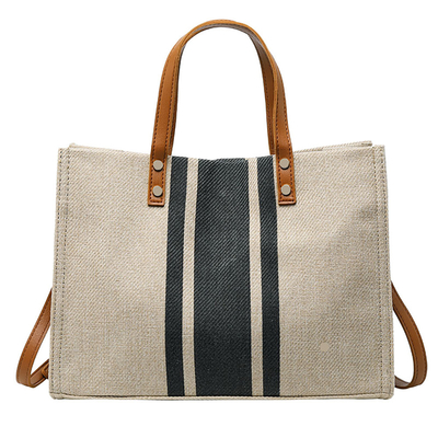 Tay cầm bằng da trống Vải lanh tùy chỉnh Túi tote vải cotton có túi